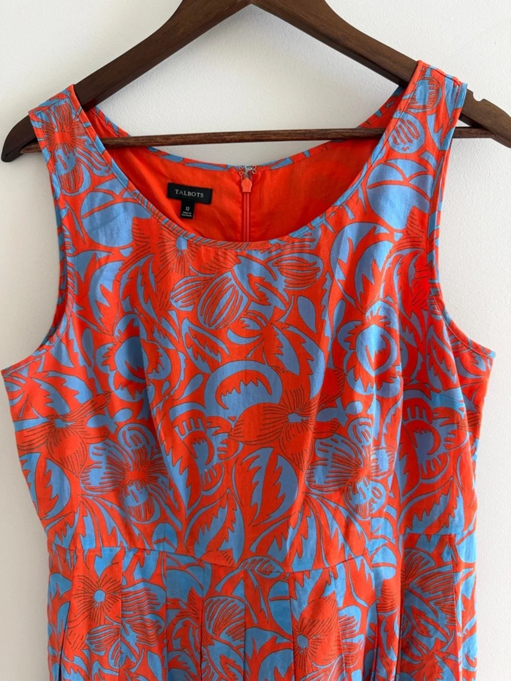 Talbots Orange Blue Floral Sleeveless Cotton Fit & Flare Dress Knee Length SZ 12 - Picture 5 of 14